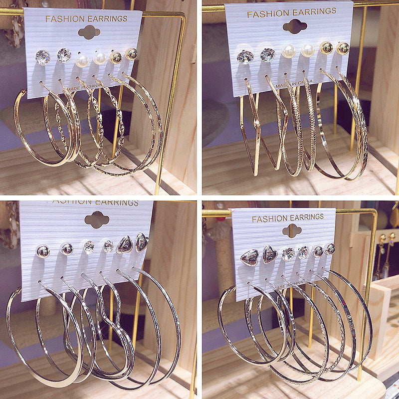 6 pairs of exaggerated earrings fashionable and versatile C-shaped large earrings earring combination set personalized earrings