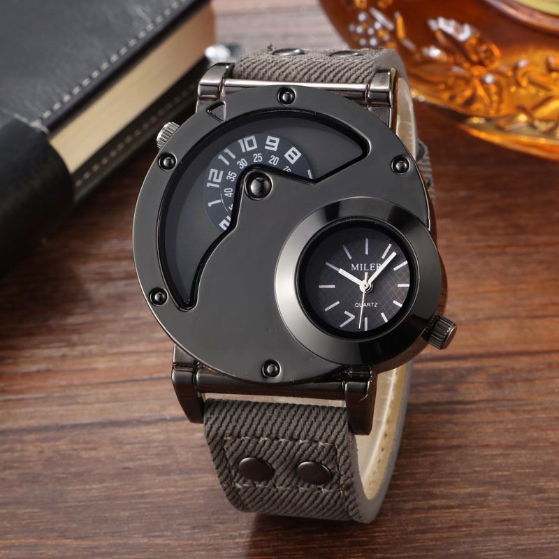 Men Minimalist Watch 2 Double Big Dial Time Zone Wristwatch Quartz Clock Leather Strap Male Sports Watch