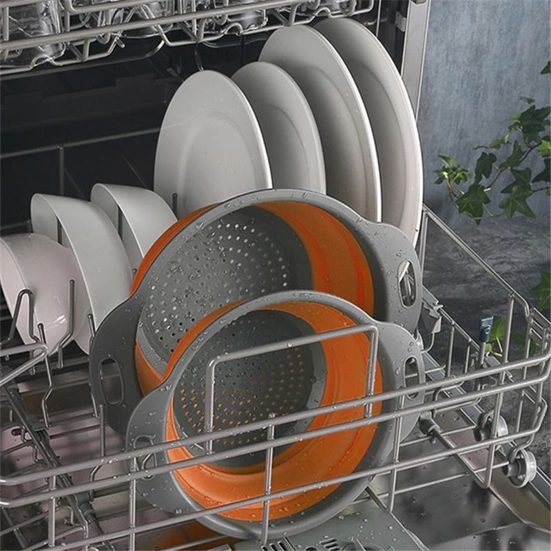 2pcs 29cm*24cm Silicone Round Folding Vegetable Fruits Washing Drain Basket Colander Strainer Collapsible Drainer Kitchen Tool Cookware Sets Cooking