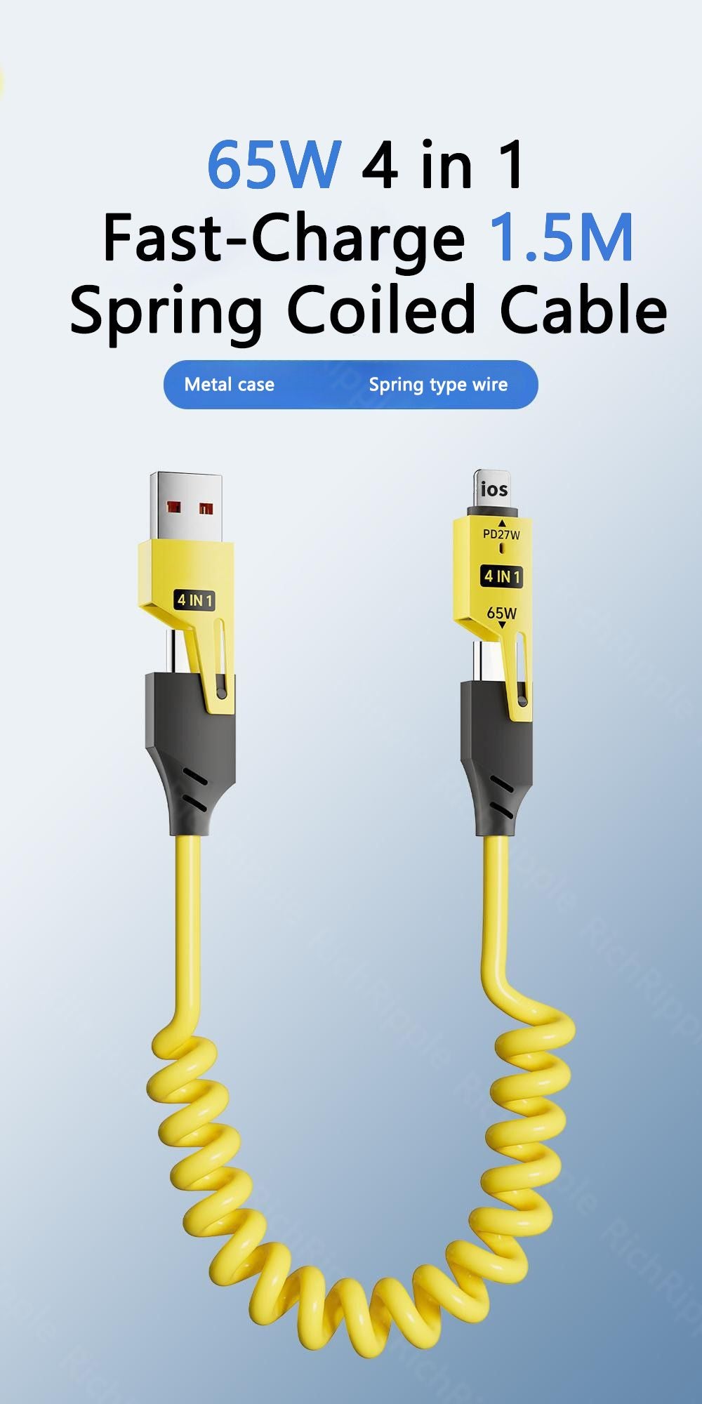 RichRipple 4 in 1 65W 1.5M Fast Charging Cable USB Data Cables Suitable For IPhone Xiaomi Tecno Huawei Samsung Charger Liquid Silicon Type-C Micro Lighting Charging Cable