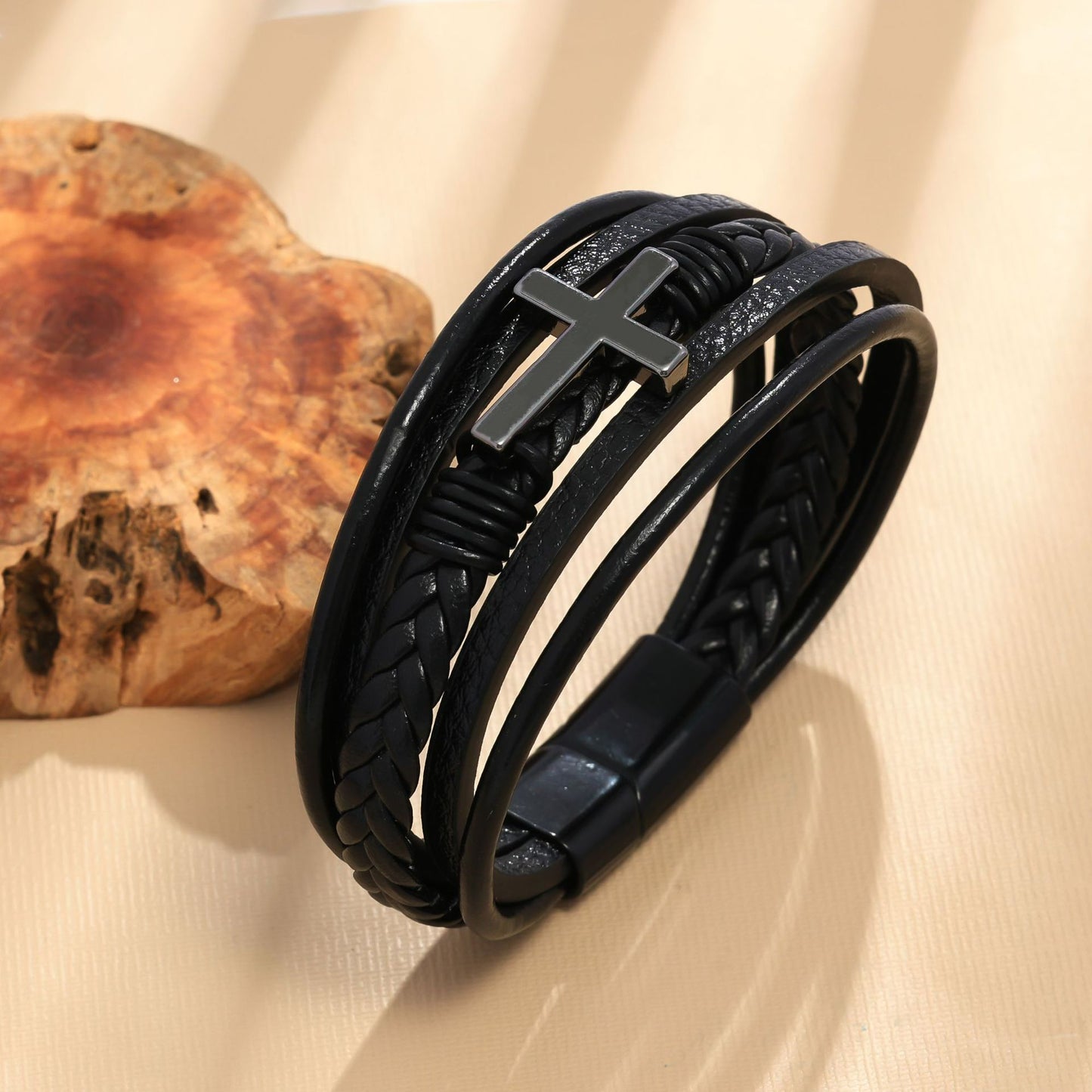 Cross leather bracelet for men multi-layer hand woven rope magnetic buckle genuine leather bracelet