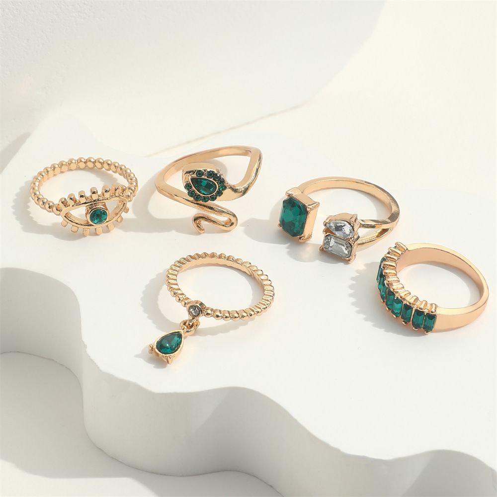 ZHJH 5PCS Rings Set Retro Imitation Gemstone Diamond Serpentine Water Drop Pendant Ring Creative Fashion Joint Ring Alloy Personalized Chain Open Ring Full Diamond Adjustable Any Size