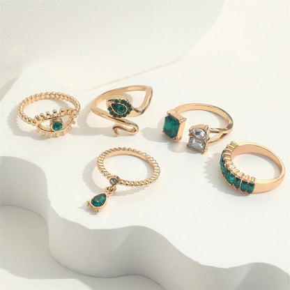 ZHJH 5PCS Rings Set Retro Imitation Gemstone Diamond Serpentine Water Drop Pendant Ring Creative Fashion Joint Ring Alloy Personalized Chain Open Ring Full Diamond Adjustable Any Size