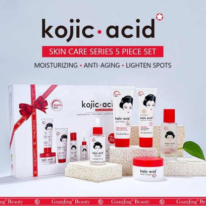 GuanJing Beauty Kojic Acid Skin Care Series 5 Piece Set of FACE CREAM + FACE SERUM + SUNSCREEN CREAM + FACIAL WASH + ESSENCE TONER Kit. Moisturizes, Fades Spots, Scars, Anti-Aging, Brightens.