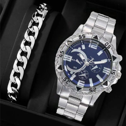 2-Piece Stainless Steel Strap Large Dial Men's Fashion Quartz Watch Bracelet Gift Chain Silver