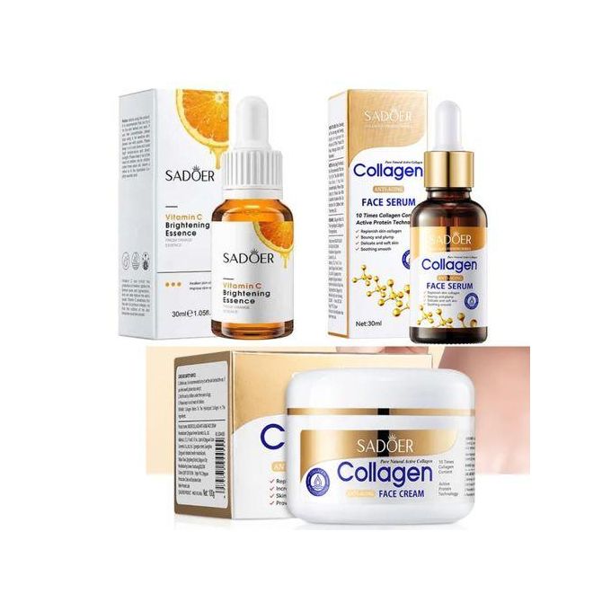 Collagen Anti Aging Cream + Vitamin C Face Brightening Essence + Collagen Anti Aging Face Serum
