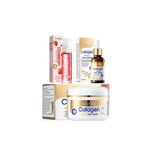 Collagen Anti-Aging Skincare Set - Face Serum, Face Cream & Hydrating Lip Oil/Balm Trio - Intensive Hydration, Wrinkle Reduction & Skin Firming