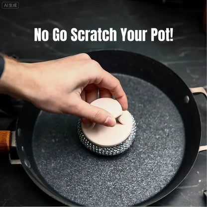 （1pc Handle+3pcs Steel Wool）Handle Cleaning Scouring Pad Soft Stainless Steel Wool Detachable Handle Rust-Resistant Durable Pots Pans Utensils Kitchen Clean Household Essential