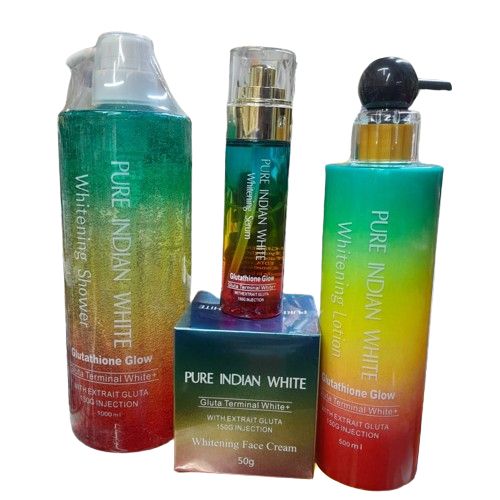 Pure Indian White Glutathione Glow Whitening Set: Lotion, Shower Gel, Face Cream & Serum Lightens Dark Spots, Enhances Radiance, Hydrates, Firms, Nourishes, Evens Skin Tone, And Promotes Youthful Skin