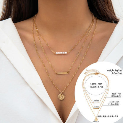 Three-layer necklace pearl geometry Round element Personality and fashion Rose gold necklace Women's Necklaces