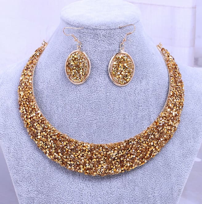 Metal Full Rhinestone Fake Collar Necklace Earrings Necklaces & Pendants MMSHOP 2 pieces/set European and American Fashion Gold as price