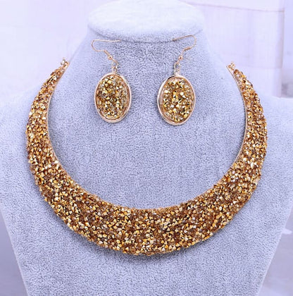 Metal Full Rhinestone Fake Collar Necklace Earrings Necklaces & Pendants MMSHOP 2 pieces/set European and American Fashion Gold as price