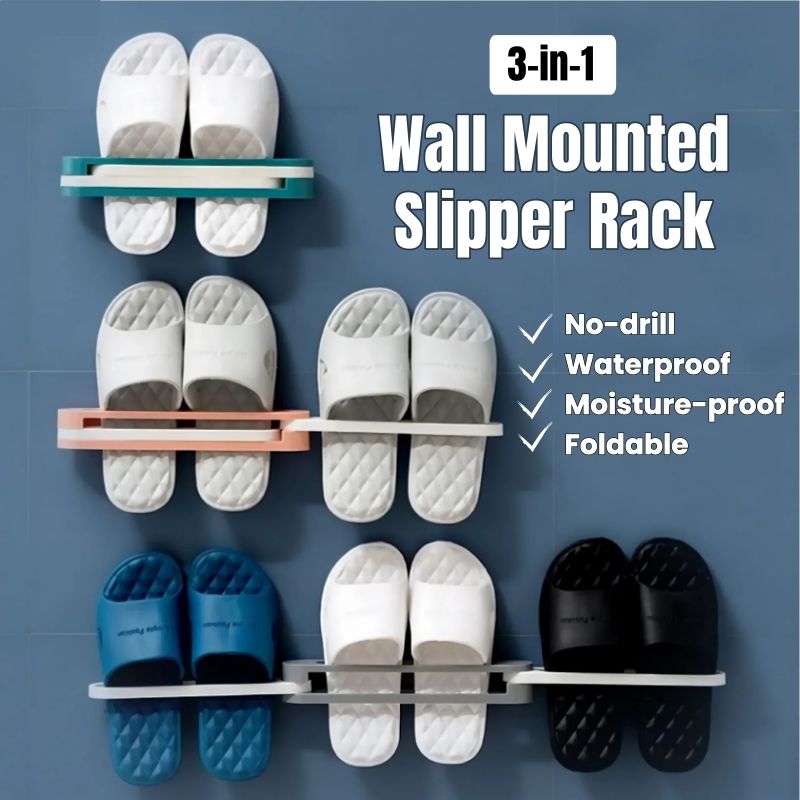 3-in-1 Foldable Slipper Rack Wall Durable Plastic Slipper Holder Adhesive Backing Slipper Organizer Folding Bathroom Shoe Rack Home Hanging Shoe Rack Space Saving Storage No Drill Punch-free