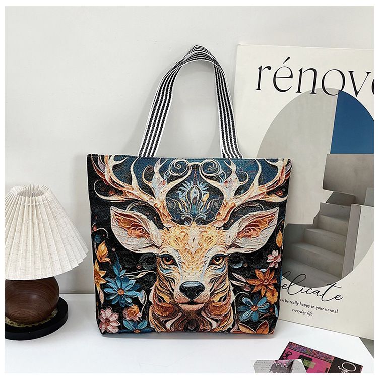 Gelory Fashion Painted Western Retro Style Large Capacity Tote Bag Zipper Closure Canvas Women's Shoulder Handbags