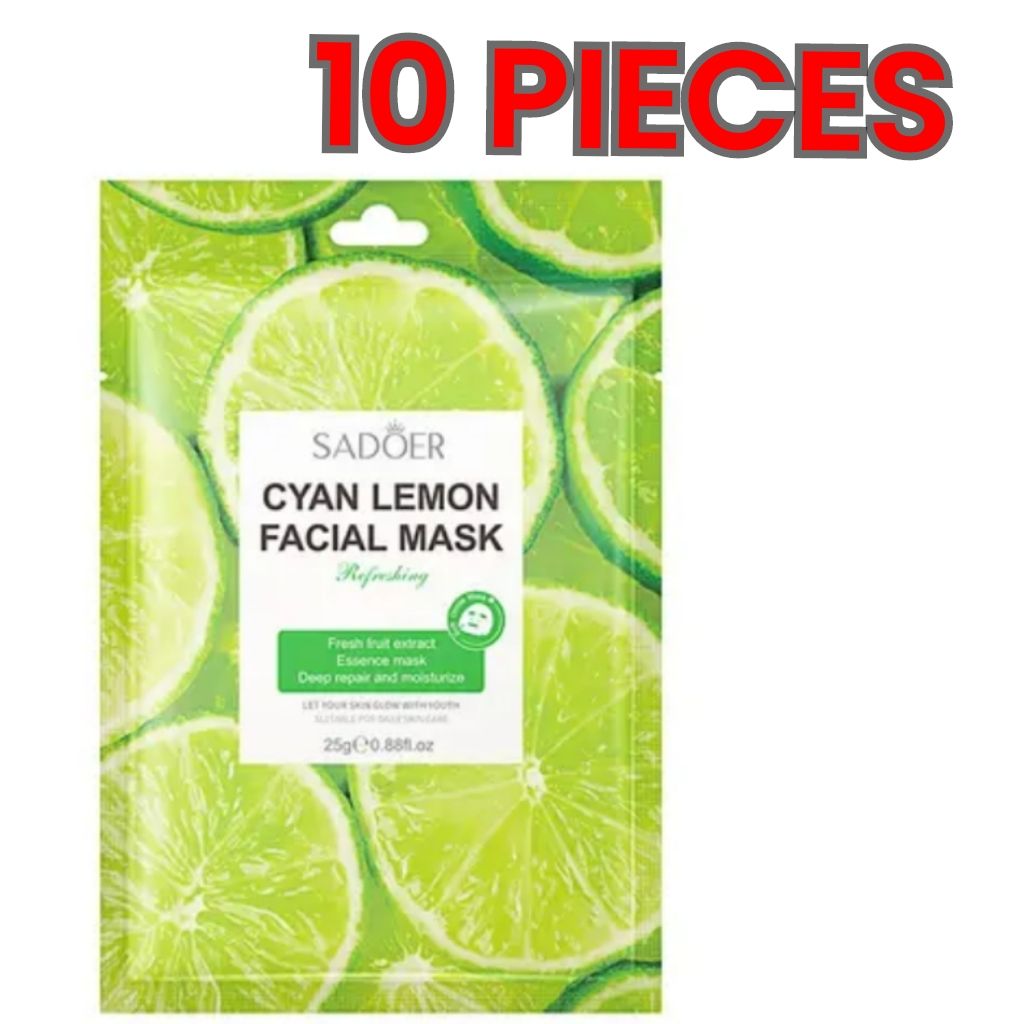 10 PIECES Cyan Lemon Refreshing Facial Mask Sheets - SADOER - Moisturizing, Deep Repair Cleansing Natural Plant Extracts Essence Face Masks