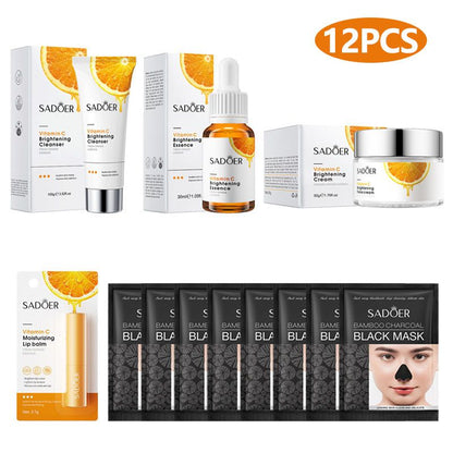 SADOER 12PCS Skin Care Set Vitamin C Blackhead Remover Set Vitamin C Face Cream + Vitamin C Serum Brightening + Moisturizing Lip Balm + Vitamin C Foaming Face Wash + 8PCS Blackhead Removal Mask
