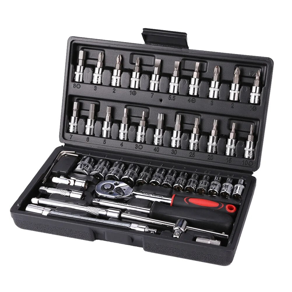 46pcs Socket Wrench Set Ratchet Spanner Batch Head Pawl Socket Screwdriver Multi-functional Car Repair Tool Professional Mechanical Workshop Tools Kit Motorcycle