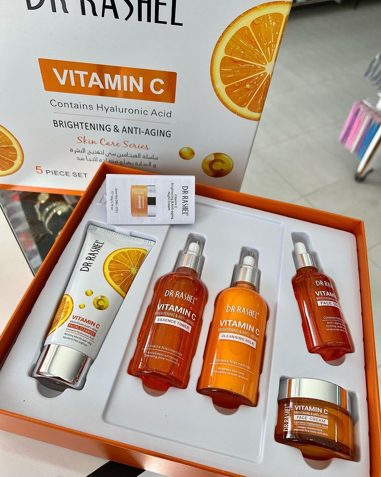 5 Pack Dr Rashel Vitamin C Serum, Toner, Facial Cleanser, Cleansing Milk Skin Care 5 Items, Contains Hyaluronic Acid, Anti Aging and Collagen Essence ( Pack Of 5 Piece Set ) Dr. Rashel Skin Care Set