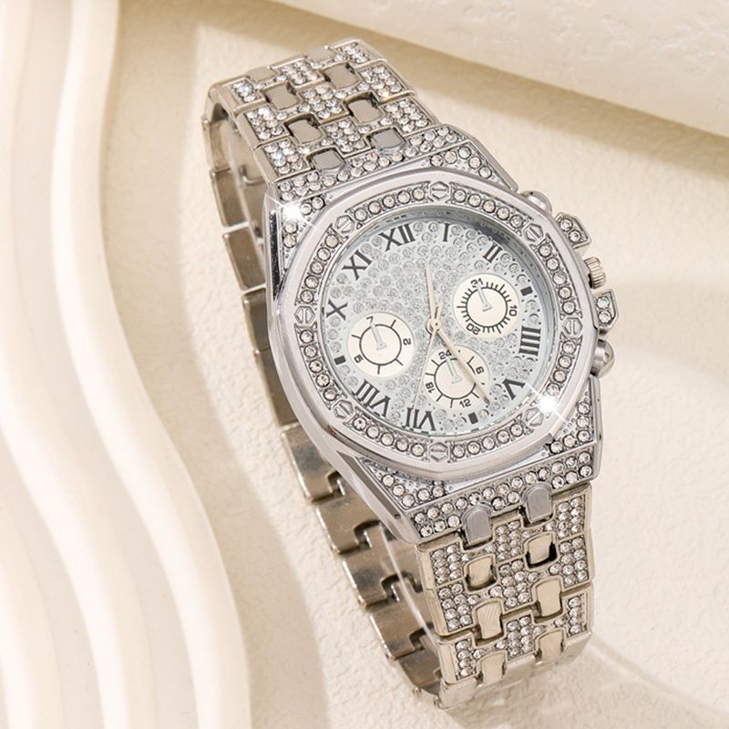 2Pcs Fashion Trend Luxury Luxury Hip Hop Three Eyes Rome Full Of Diamonds British Watch Atmospheric Diamond Bracelet Gift Set