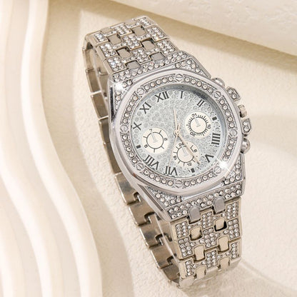 2Pcs Fashion Trend Luxury Luxury Hip Hop Three Eyes Rome Full Of Diamonds British Watch Atmospheric Diamond Bracelet Gift Set