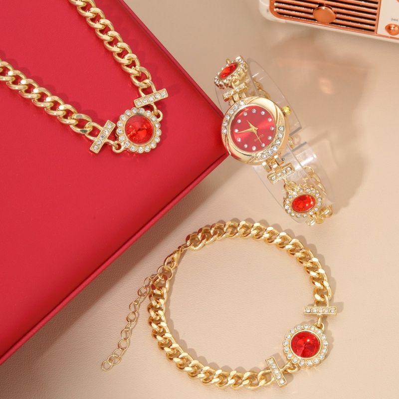 3 Pcs Set Women's Watch Inlaid Love Diamond Small dial Luxury Brand Temperament Bracelet Watch With Necklace Bracelet + Box