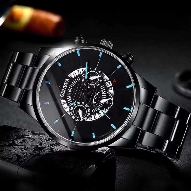 2PCS Black New Popular Watches Fashion Men's Casual Watches Luxury Calendar Quartz Watches Business Watches Men's Clocks Bracelet Set