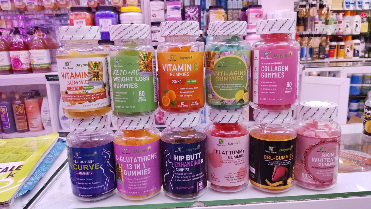 Assorted health and wellness gummy bears on a store shelf.