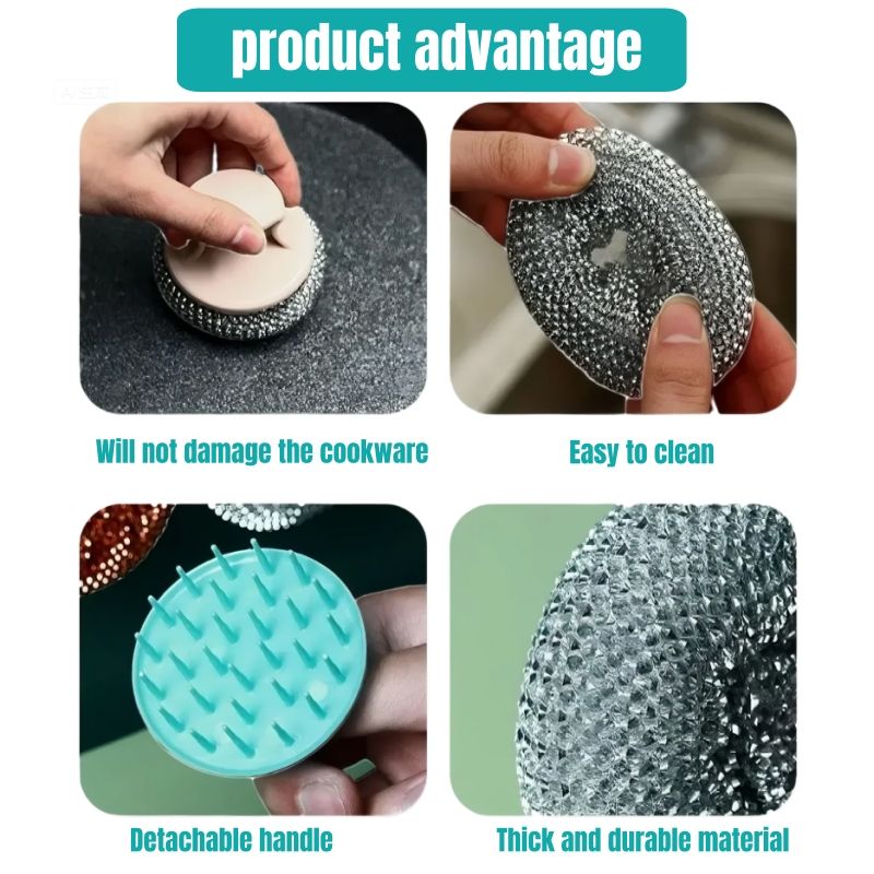 （1pc Handle+3pcs Steel Wool）Handle Cleaning Scouring Pad Soft Stainless Steel Wool Detachable Handle Rust-Resistant Durable Pots Pans Utensils Kitchen Clean Household Essential