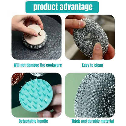 （1pc Handle+3pcs Steel Wool）Handle Cleaning Scouring Pad Soft Stainless Steel Wool Detachable Handle Rust-Resistant Durable Pots Pans Utensils Kitchen Clean Household Essential
