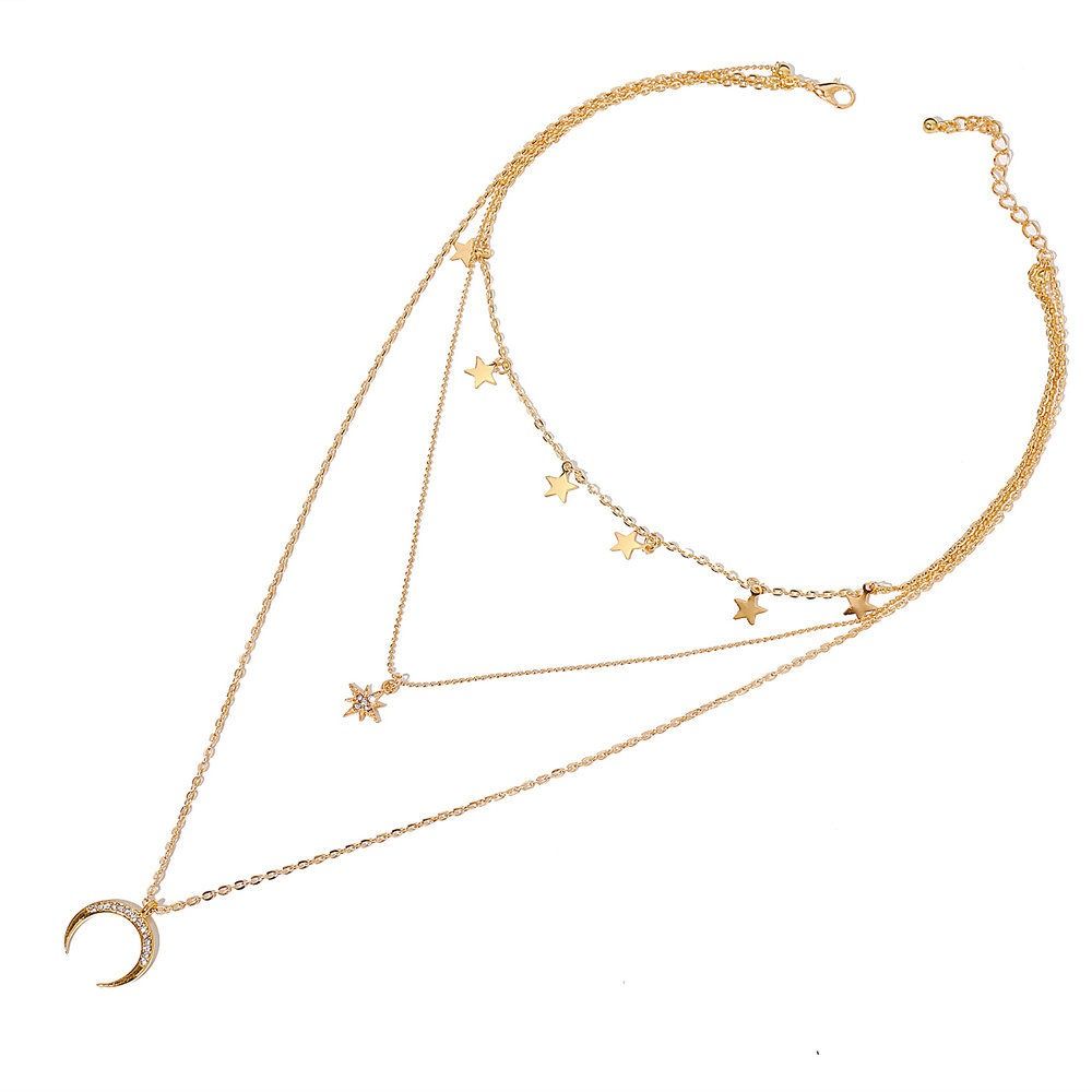 Pentagram Pendant Clavicle Necklace Creative Retro Simple Eight-pointed Star Crescent Three-layer Necklace