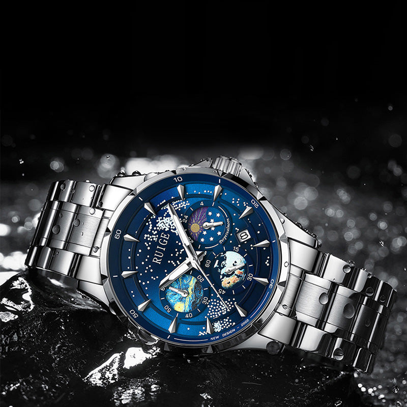 Luxury Man Watch High Quality Waterproof Chronograph Luminous Men's Wristwatch Stainless Steel Multifunctional Clock Moon Phase Starry Disk