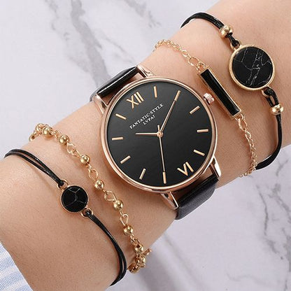 5pcs Quartz Watch Set Ladies Elegant Gemstone Bracelet Quartz Wristwatch Women Leather Quartz Watches Bracelet Set Clock Gift