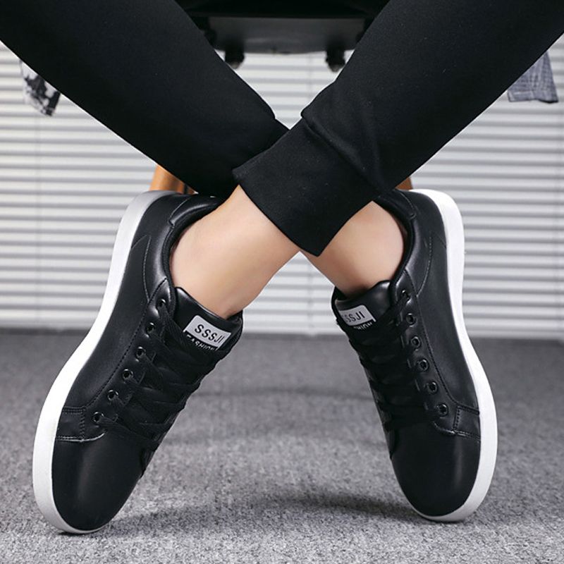 Men's casual PU artificial leather shoes fashion running shoes driving shoes students single shoes athletic women's skateboarding shoes sneakers Boys Black sports shoes