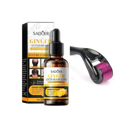 Derma Roller Hair Growth 0.5mm + Ginger Anti Hairloss Treatment Essence, Hair Growth Restoration Anti Hair Loss Serum DermaRoller