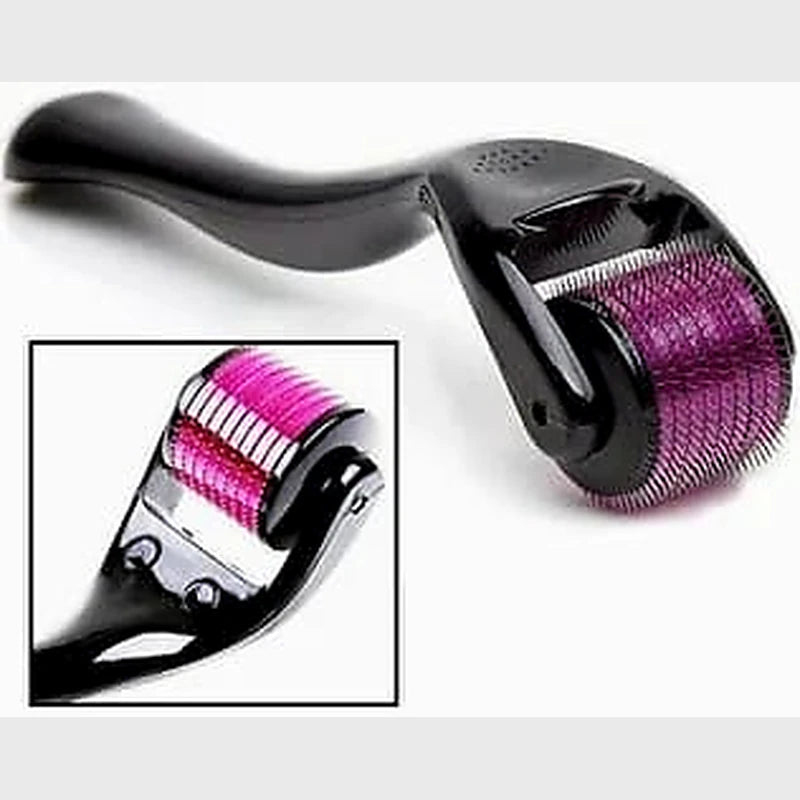 Black dermaroller with pink micro Needles on a white background