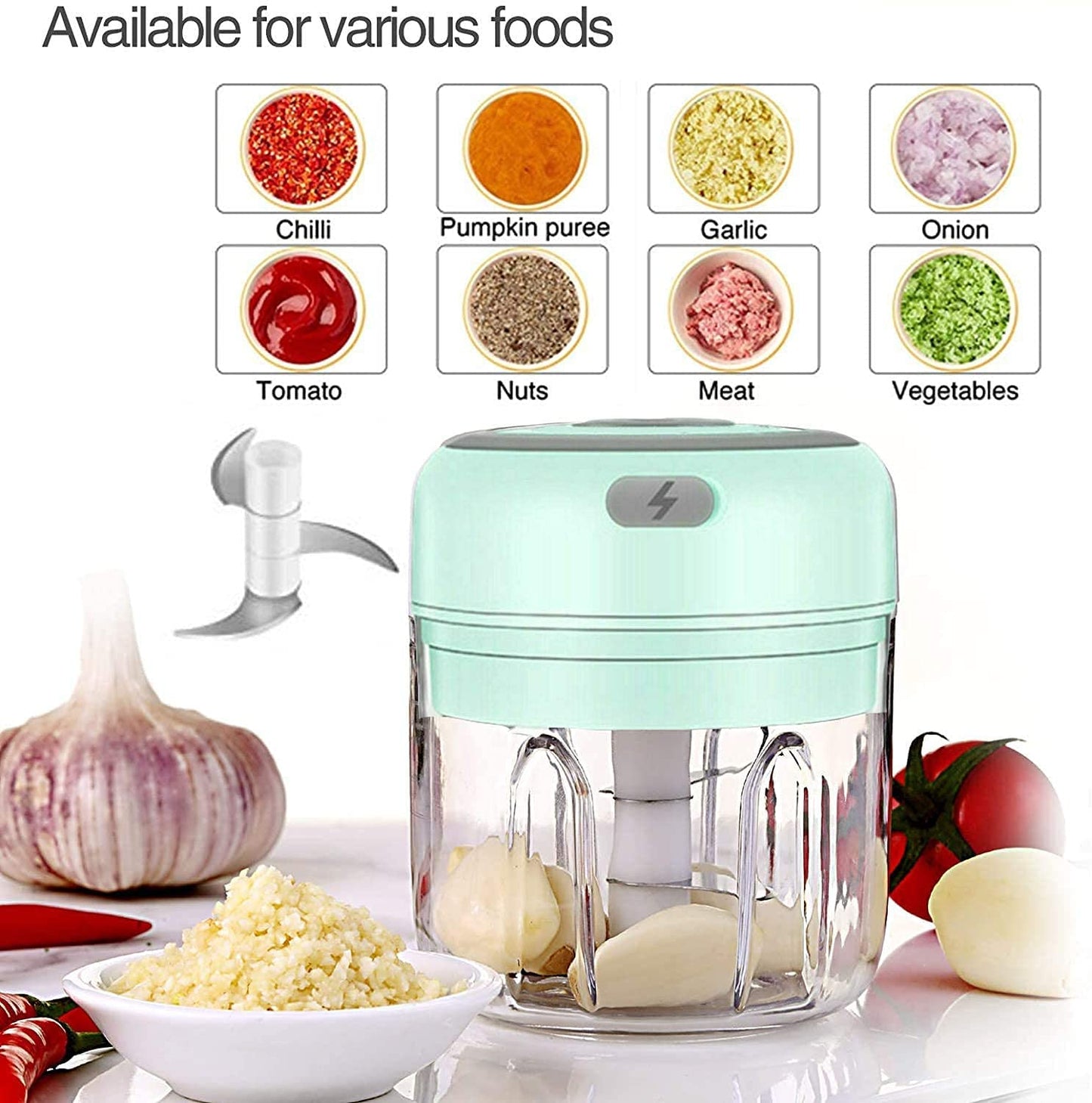 HW Wireless Electric Mini Garlic Chopper Machine(250ML), USB Kitchen Food Processor with 3 Blades