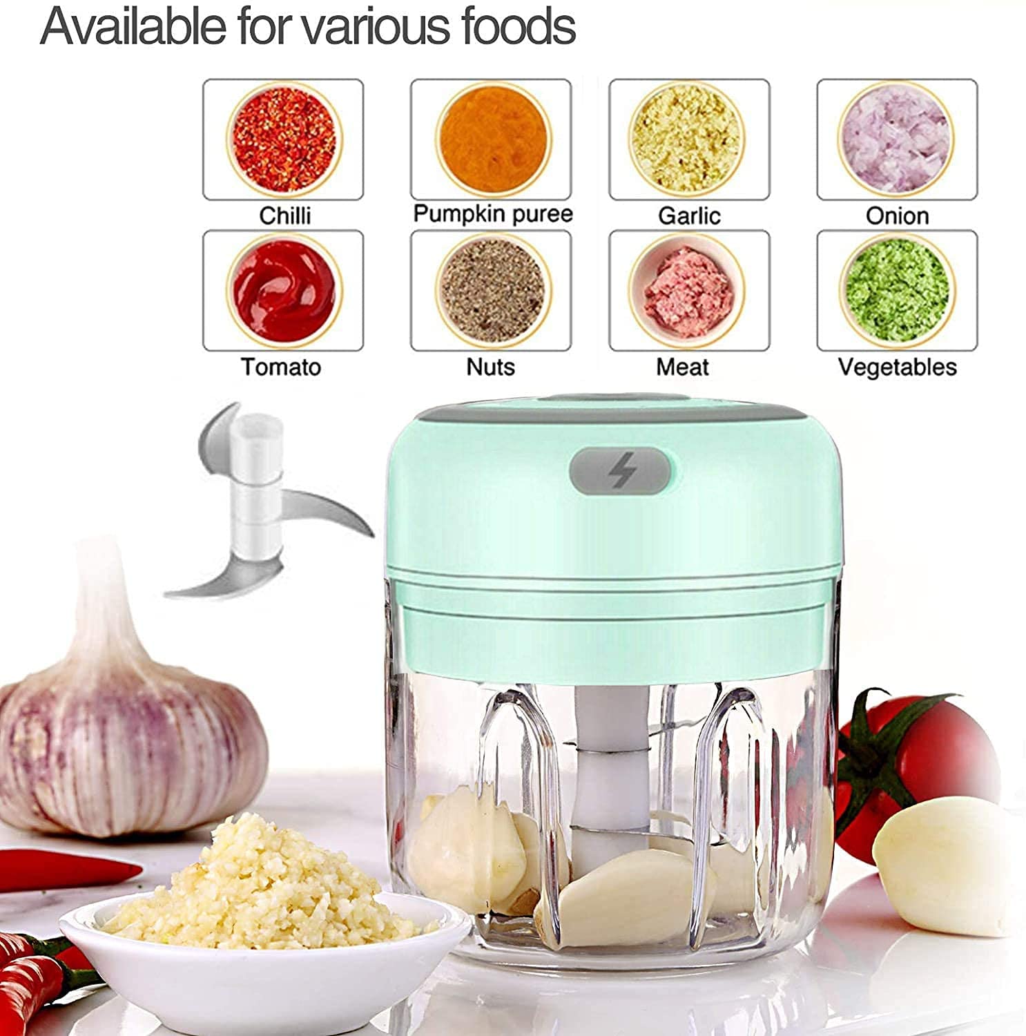 HW Wireless Electric Mini Garlic Chopper Machine(250ML), USB Kitchen Food Processor with 3 Blades