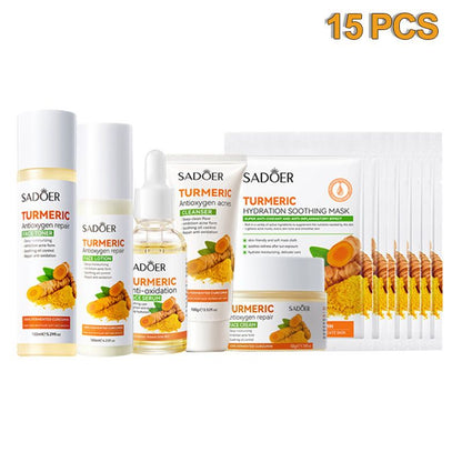 SADOER 15PCS Skin Care Set Turmeric Cleansing Moisturizing Antioxidant Set Gifts Set Face Lotion + Face Toner + Face Serum + Face Cream + Antioxygen Acnes Face Cleanser + 10PCS SADOER Face Masks