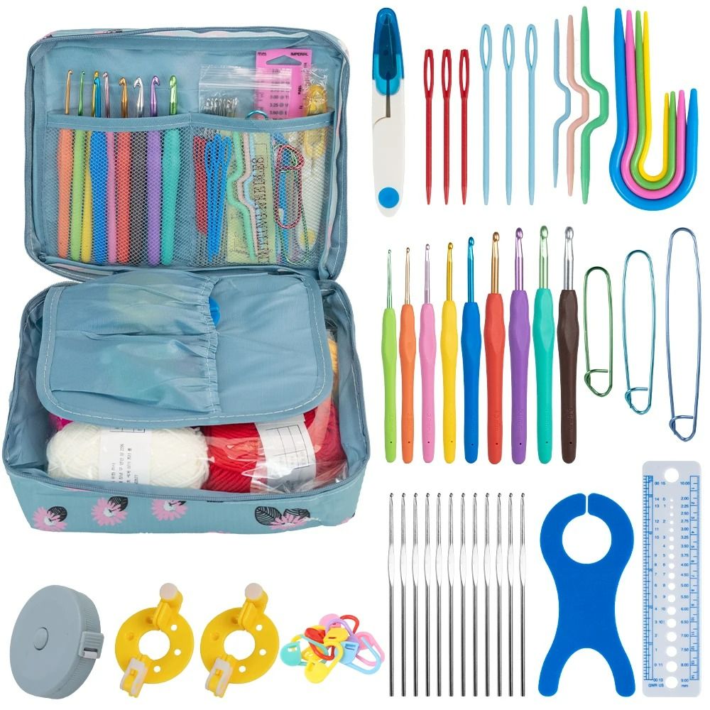 58pcs Portable Crochet Kits with Bag Knitting Tool DIY Sewing Ruler Needles Yarn Complete Set of Crochet Material Kit