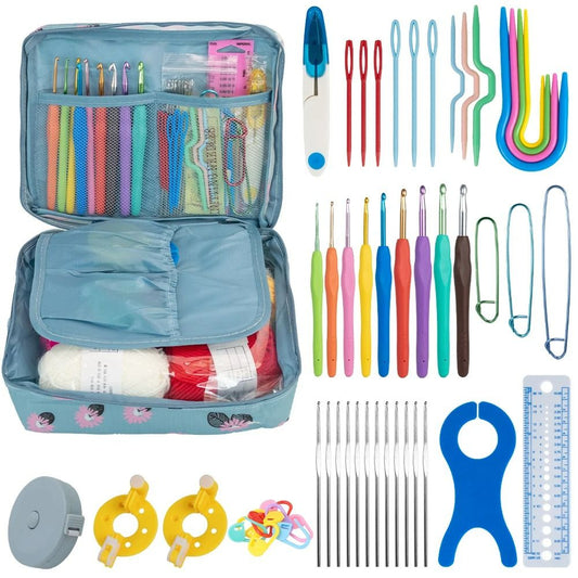 58pcs Portable Crochet Kits with Bag Knitting Tool DIY Sewing Ruler Needles Yarn Complete Set of Crochet Material Kit
