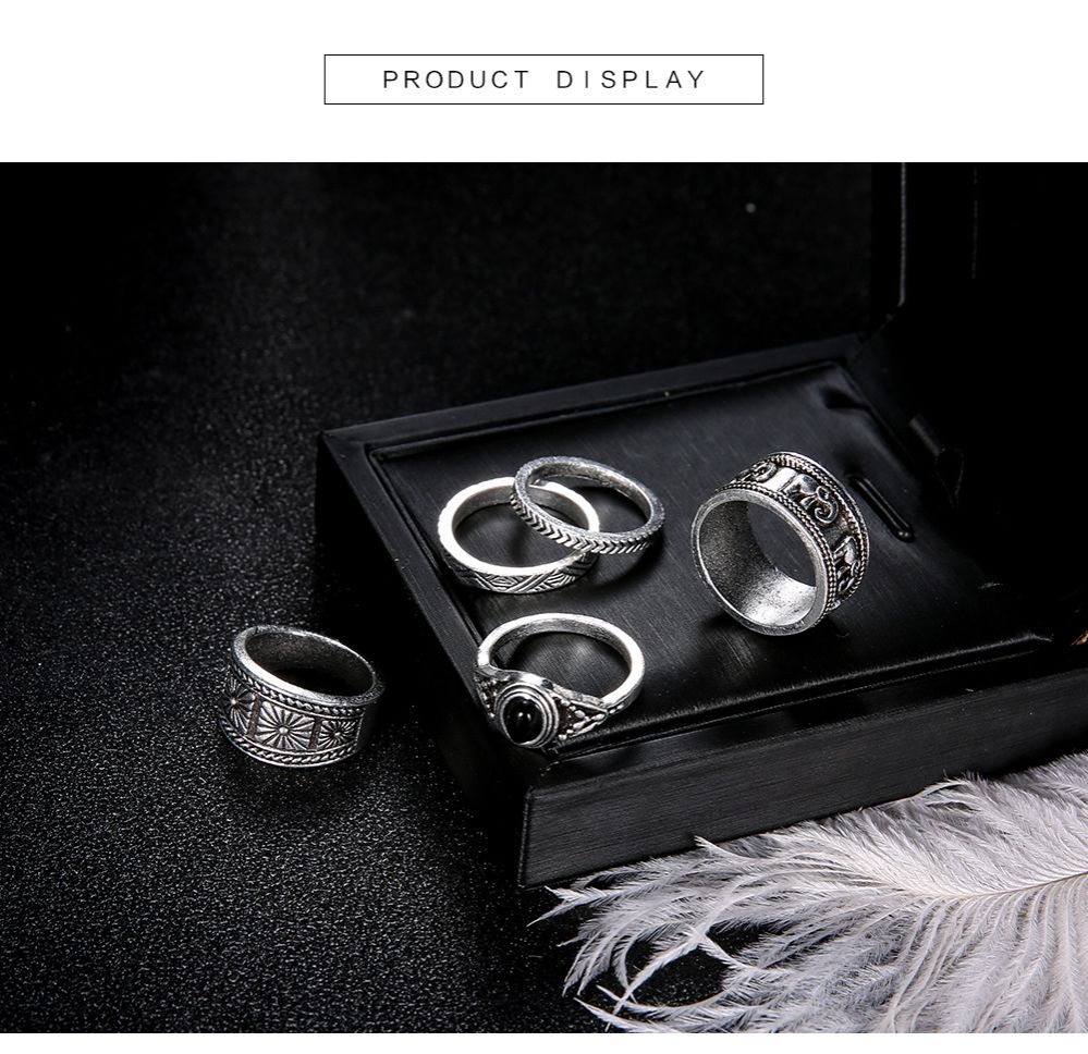 Popular joint rings European and American bohemian style totem black gemstone 5-piece rings