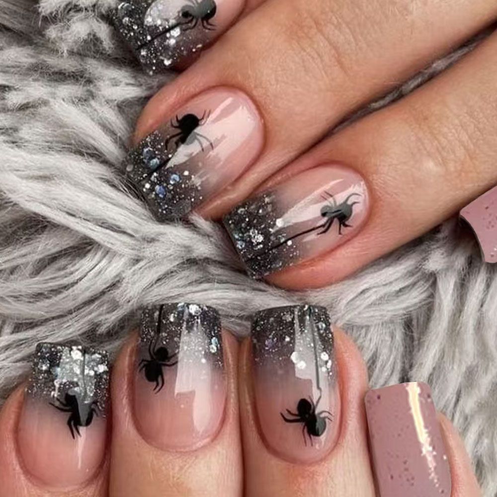 Halloween Square Armor Shining Spider Halloween Element Fake Nail Removable Finished Wear on Nail Holiday Nail Art