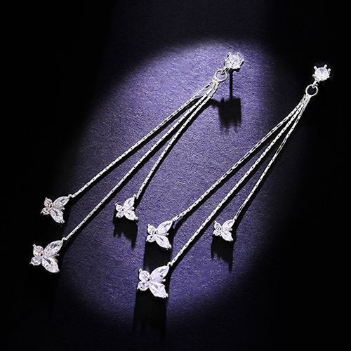 1-pair 925 silver electroplating earrings stu long tassel zircon three butterfly earrings fashion lady style