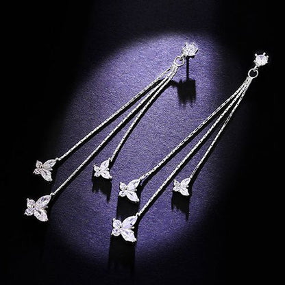1-pair 925 silver electroplating earrings stu long tassel zircon three butterfly earrings fashion lady style