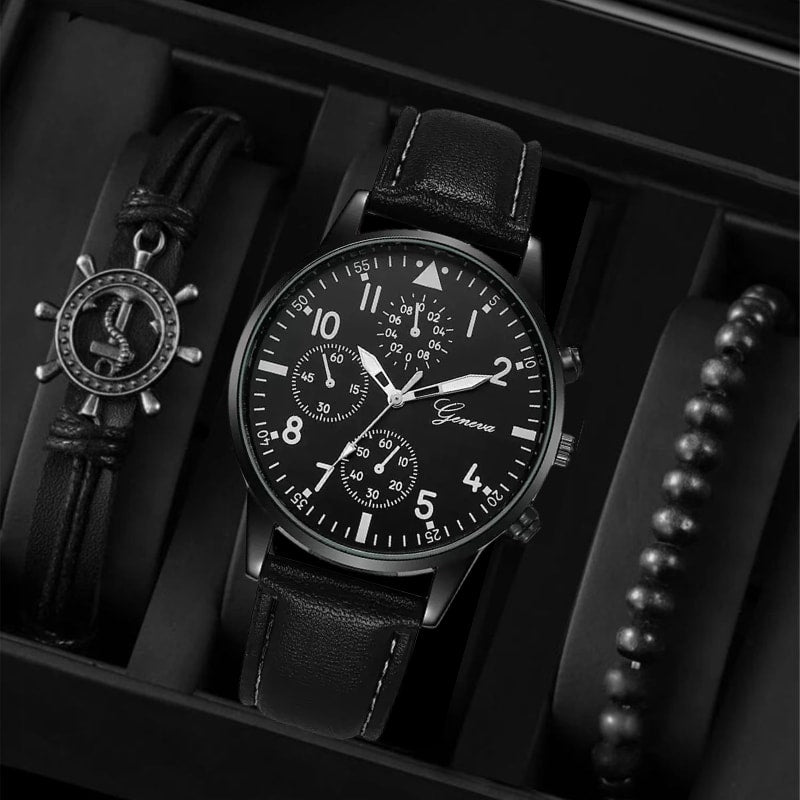 3Pcs Set Men's Watch Sports Watch Men's Business Quartz Watch Luxury Men's Leather Black Strap Watch Bracelet Set Quartz Watch For Daily Wear
