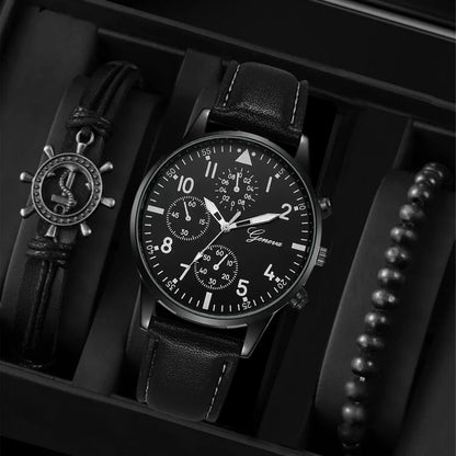 3Pcs Set Men's Watch Sports Watch Men's Business Quartz Watch Luxury Men's Leather Black Strap Watch Bracelet Set Quartz Watch For Daily Wear
