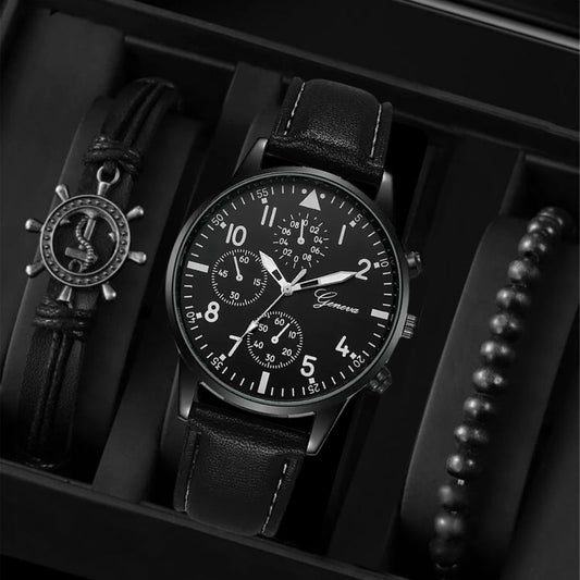 3Pcs Set Men's Watch Sports Watch Men's Business Quartz Watch Luxury Men's Leather Black Strap Watch Bracelet Set Quartz Watch For Daily Wear