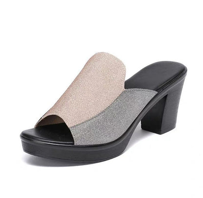 Sizes 38 - 42 women's summer sandals open shoes fashion slippers Ladies sequined High heels Girls comfortable chunky heel shoes heightening shoes gold + silver Slippers