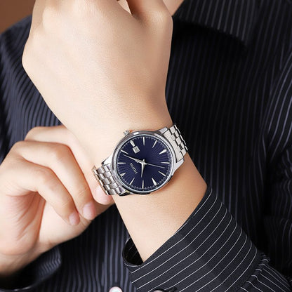 Fashion Mens Watches Luxury Silver Stainless Steel Quartz Wrist Watch Man Business Watch for Men Calendar Clock