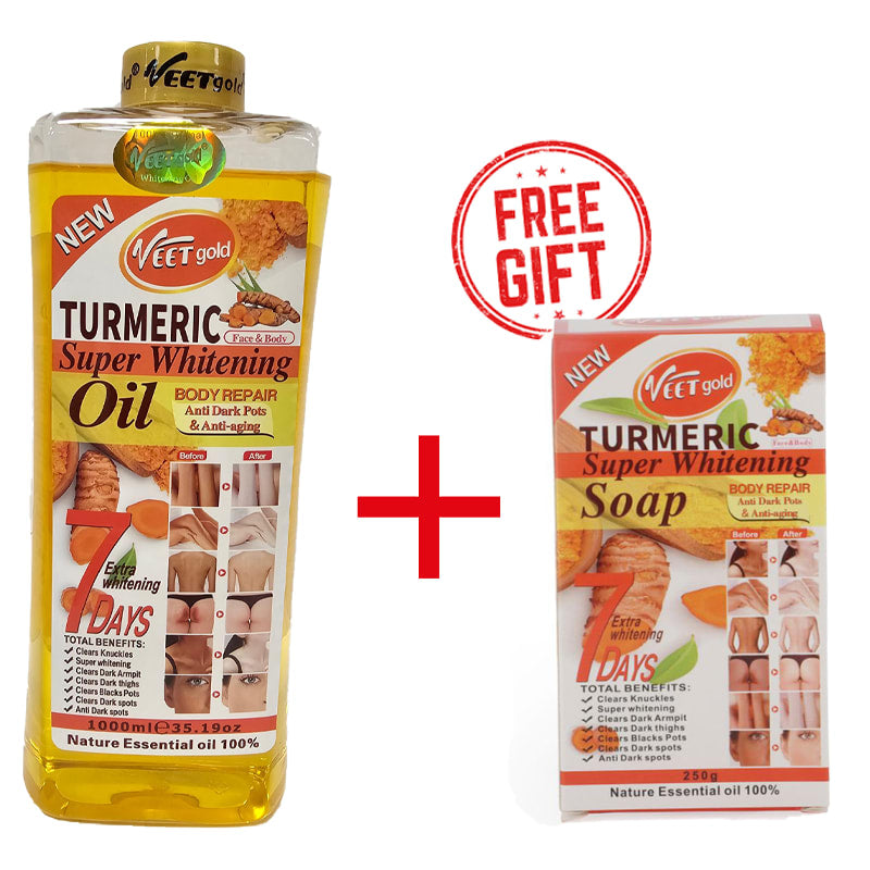 VEET GOLD Turmeric Supper Whitening Oil 1000ml + Soap 250g Whitening Soap Clears Knuckles Removes Dirt & Impurities Super Whitening Clears Dark Thighs Anti Dark Spots Body Oil 1000ml